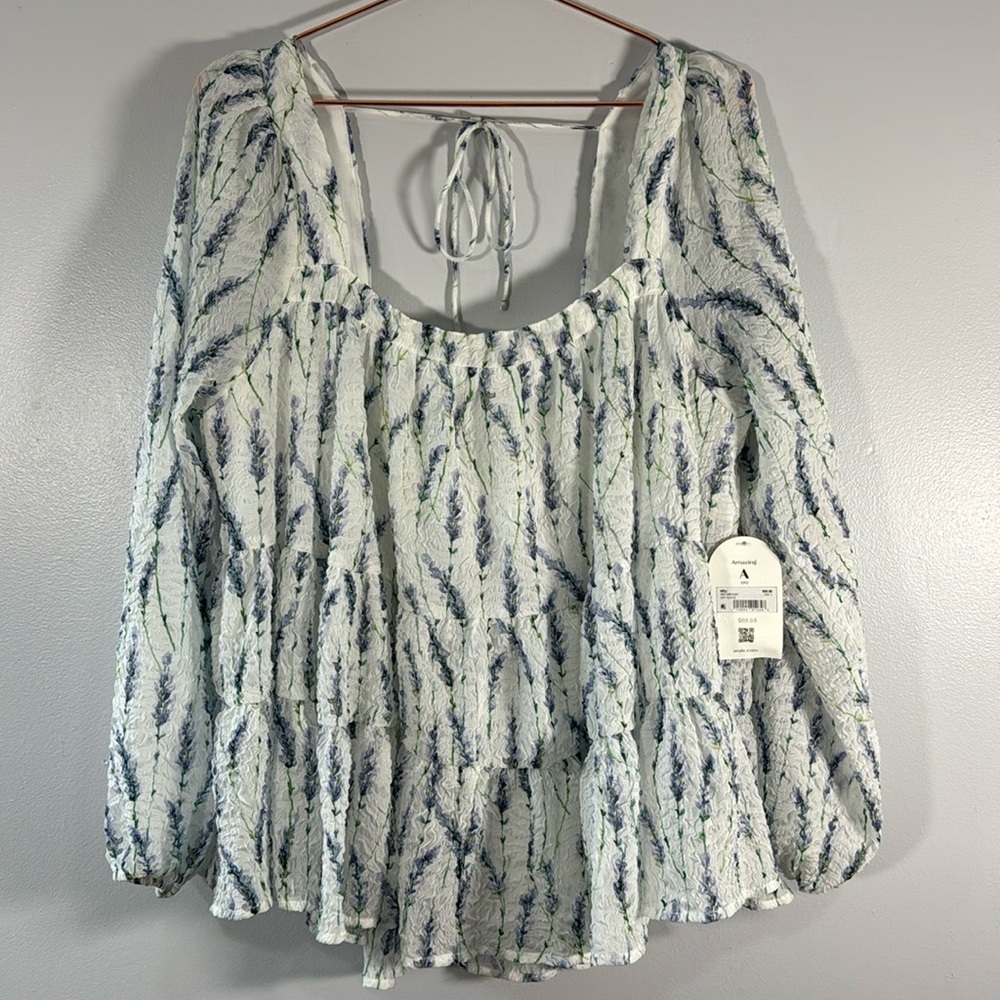 NWT Arula Women Top Blouse Long Sleeve Crinkle Flowy Floral Print Square Neck 14